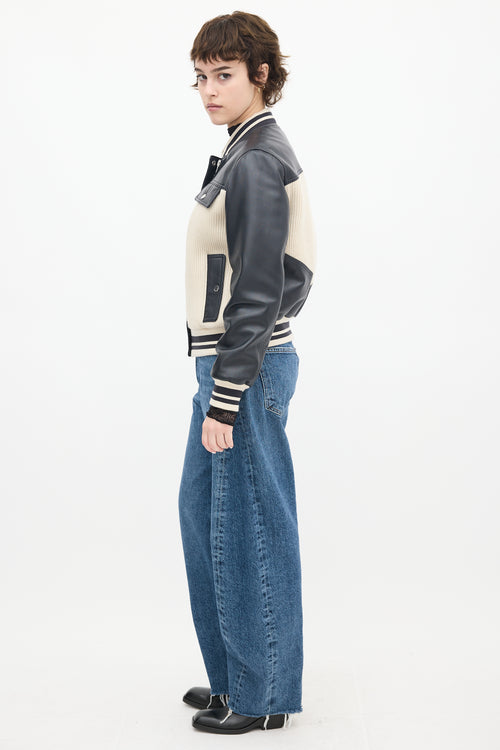 Claudie Pierlot Cream Knit 
Black Leather Panelled Varsity Jacket