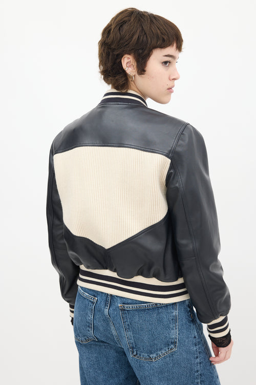 Claudie Pierlot Cream Knit 
Black Leather Panelled Varsity Jacket