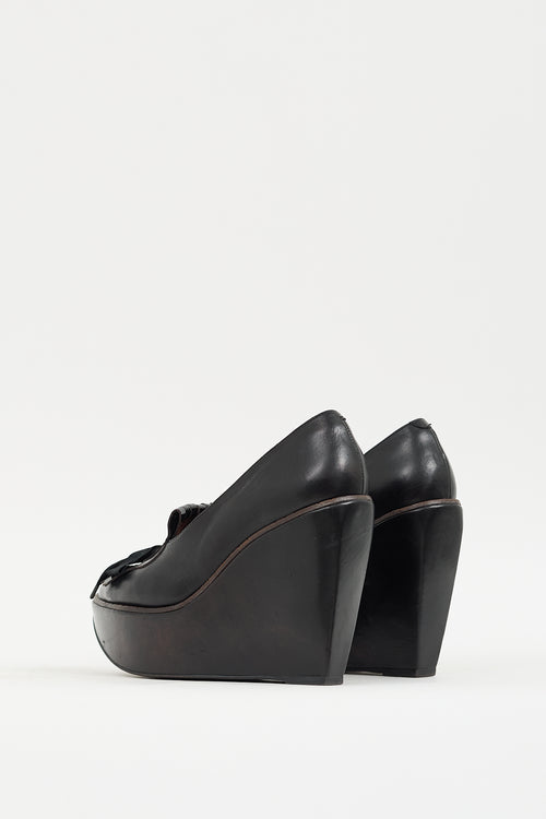 Clergerie Black Leather Fringed Platform Wedge Heel