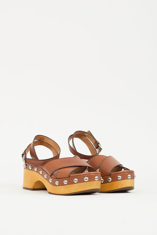 Coach Brown Leather Platform Studded Astor Clog Sandal