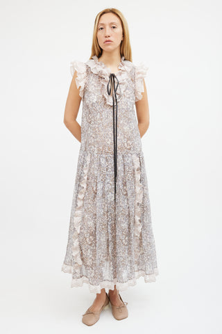 Coach Pink 
Grey Metallic Floral Tiered Maxi Dress