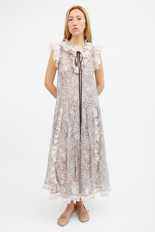 Coach Pink 
Grey Metallic Floral Tiered Maxi Dress