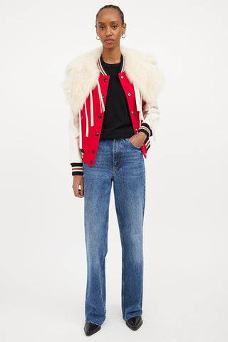 Red 
Multicolour Fur Trim Varsity Jacket