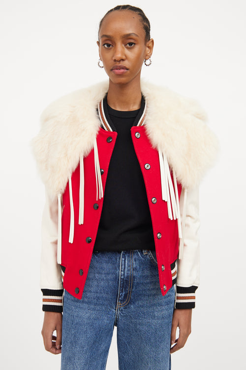 Red 
Multicolour Fur Trim Varsity Jacket