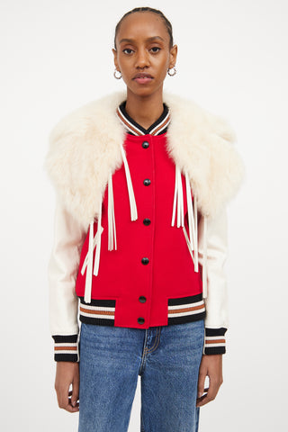 Red 
Multicolour Fur Trim Varsity Jacket