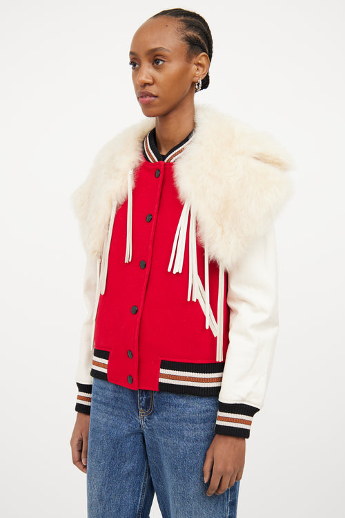 Red 
Multicolour Fur Trim Varsity Jacket