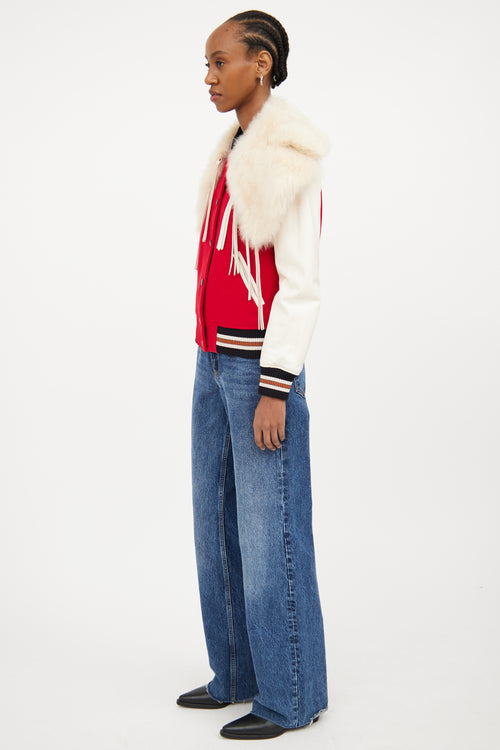 Red 
Multicolour Fur Trim Varsity Jacket