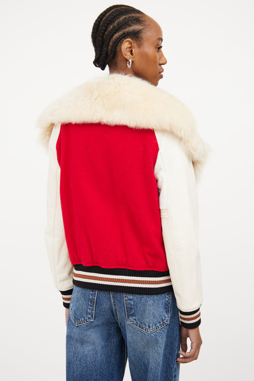 Red 
Multicolour Fur Trim Varsity Jacket