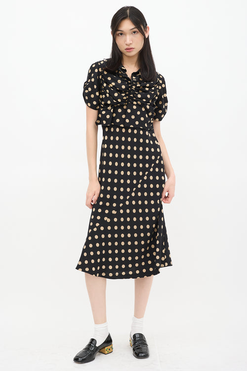 Comme des Garçons Black 
Beige Silk Polka Dot Ruched Bias Dress