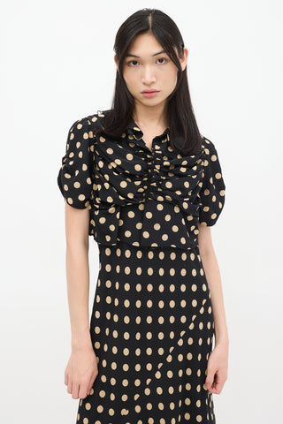 Comme des Garçons Black 
Beige Silk Polka Dot Ruched Bias Dress