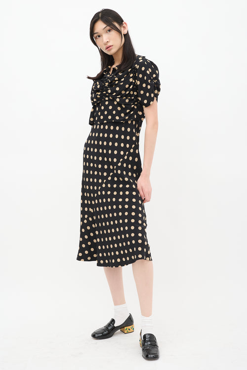 Comme des Garçons Black 
Beige Silk Polka Dot Ruched Bias Dress