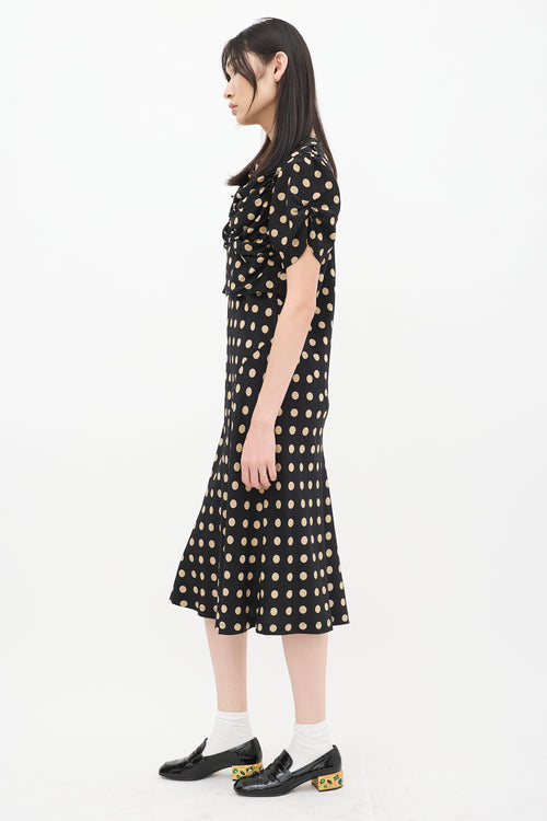 Comme des Garçons Black 
Beige Silk Polka Dot Ruched Bias Dress