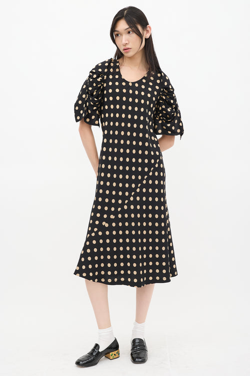 Comme des Garçons Black 
Beige Silk Polka Dot Ruched Bias Dress