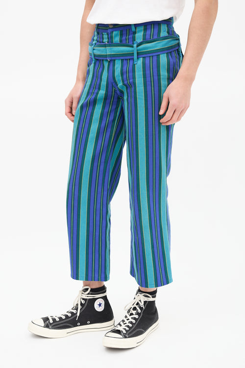 Comme des Garçons Blue 
Green Striped Belted Trouser