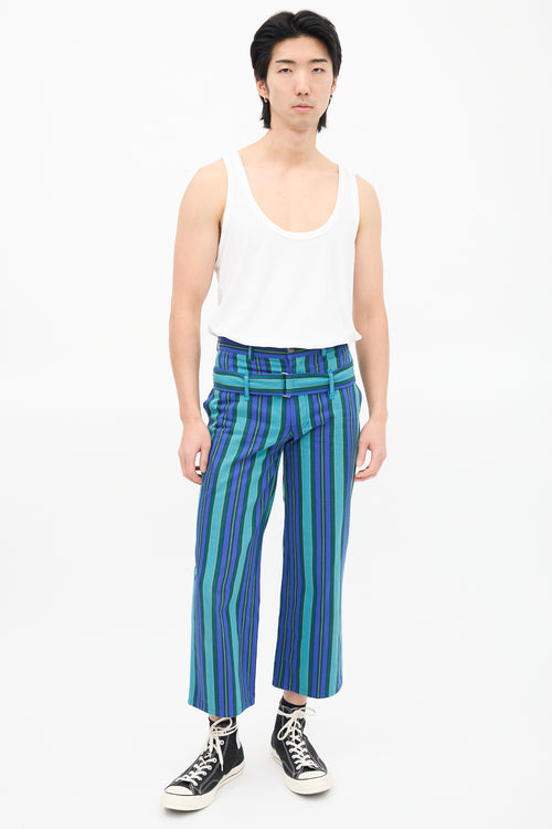 Comme des Garçons Blue 
Green Striped Belted Trouser