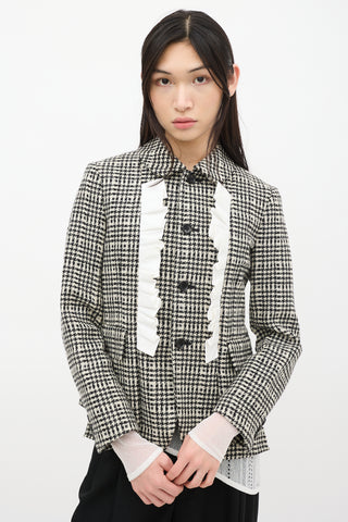 Comme des Garçons FW 2019 Black 
White Wool Houndstooth Ruffle Jacket