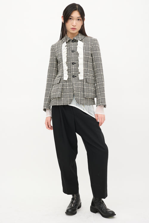 Comme des Garçons FW 2019 Black 
White Wool Houndstooth Ruffle Jacket