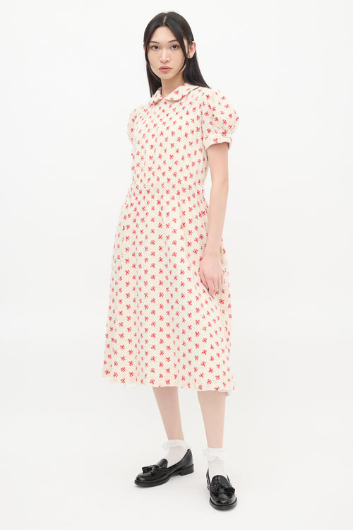 Comme des Garçons Girl Cream 
Red Floral Embroidered Midi Dress