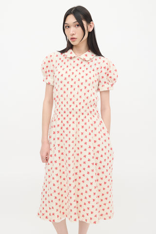 Comme des Garçons Girl Cream 
Red Floral Embroidered Midi Dress