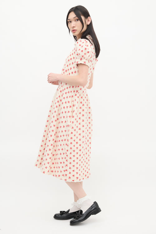 Comme des Garçons Girl Cream 
Red Floral Embroidered Midi Dress