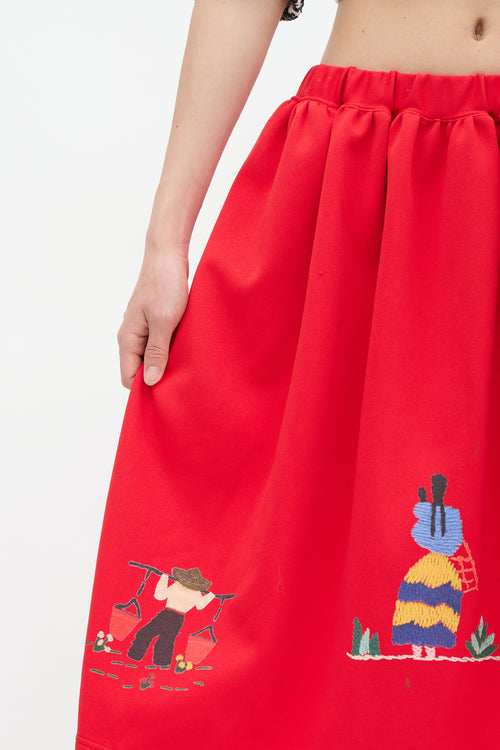 Comme des Garçons Girl FW 2021 Red Graphic A-Line Midi Skirt