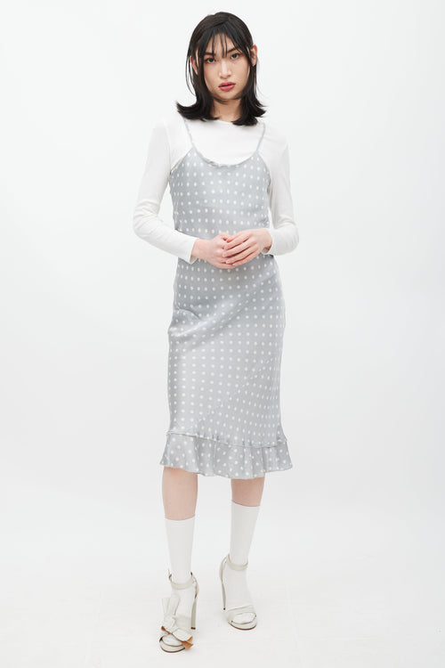 Comme des Garçons Grey 
White Silk Polka Dot Dress