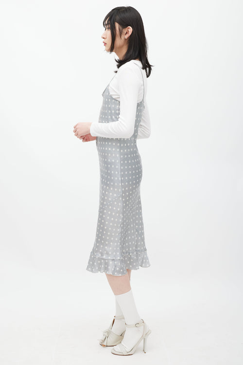 Comme des Garçons Grey 
White Silk Polka Dot Dress