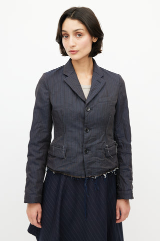 Comme des Garçons Navy Pinstripe Raw Hem Blazer