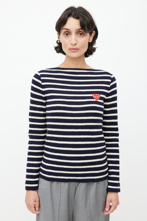 Comme des Garçons PLAY Blue 
White Logo Knit Sweater