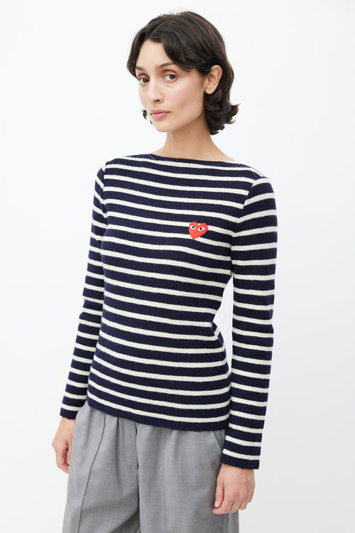 Comme des Garçons PLAY Blue 
White Logo Knit Sweater