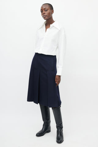 Comme des Garçons Navy Wool Deconstructed Pleat Skirt