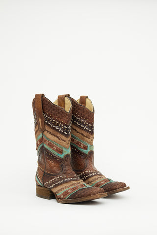 VSP Archive Brown Multi Colour Embroidered Panel Western Boot