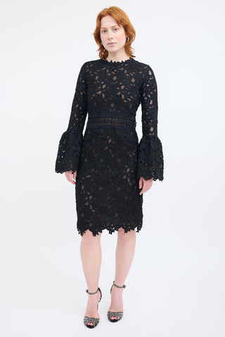 Costarellos Black Guipure Lace Midi Dress