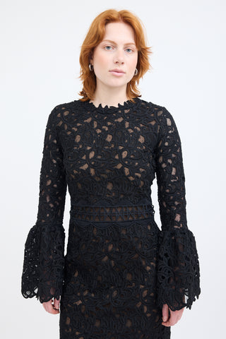 Costarellos Black Guipure Lace Midi Dress