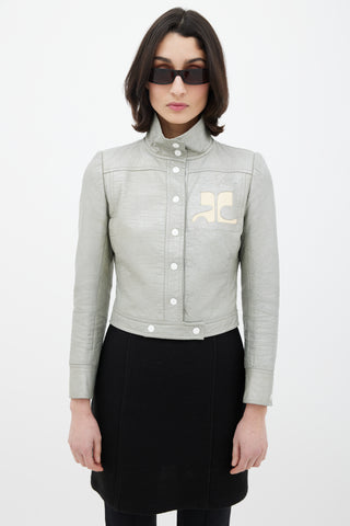 Courrèges Grey 
Cream Leather Logo Jacket