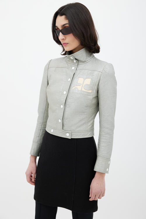 Courrèges Grey 
Cream Leather Logo Jacket