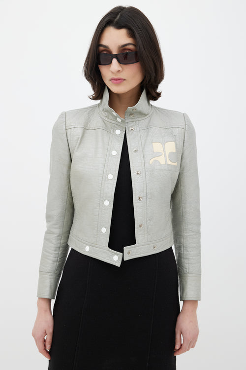 Courrèges Grey 
Cream Leather Logo Jacket