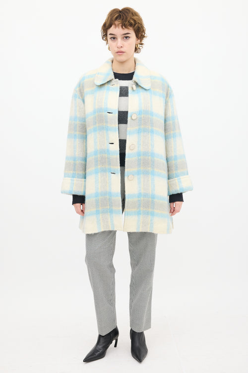 Courrèges White 
Blue Mohair Plaid Coat