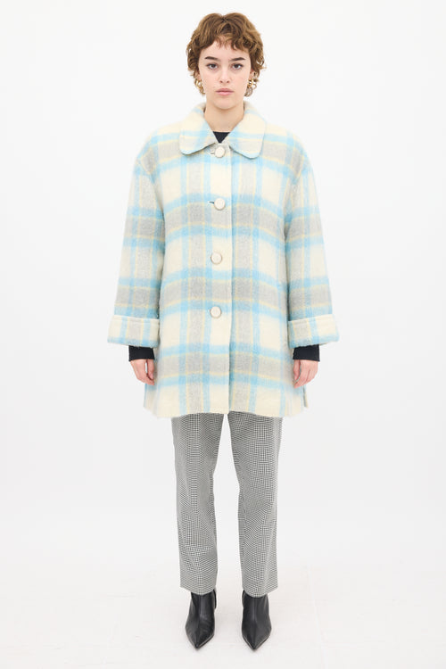 Courrèges White 
Blue Mohair Plaid Coat