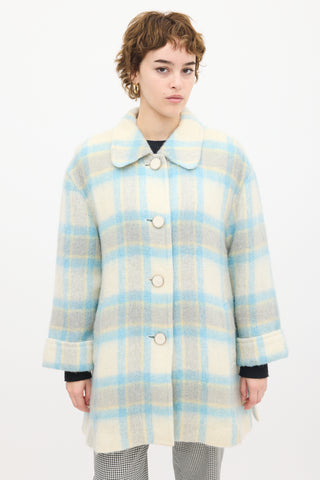 Courrèges White 
Blue Mohair Plaid Coat