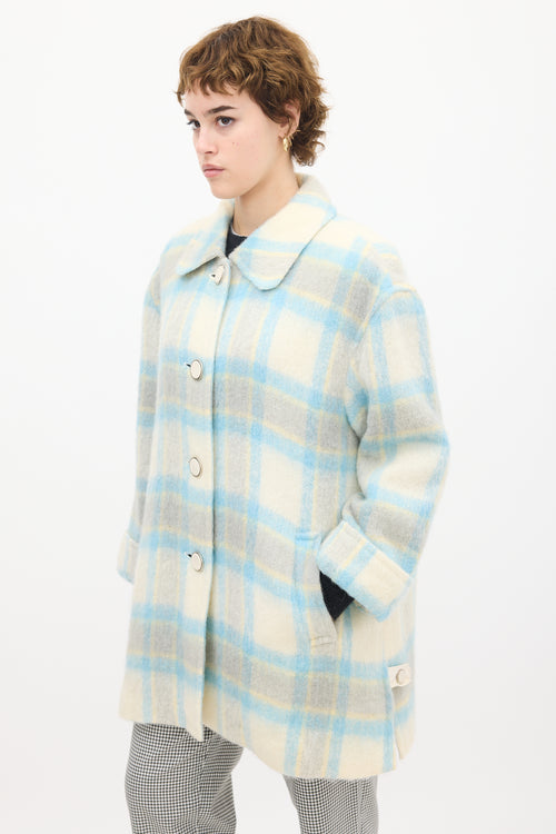 Courrèges White 
Blue Mohair Plaid Coat