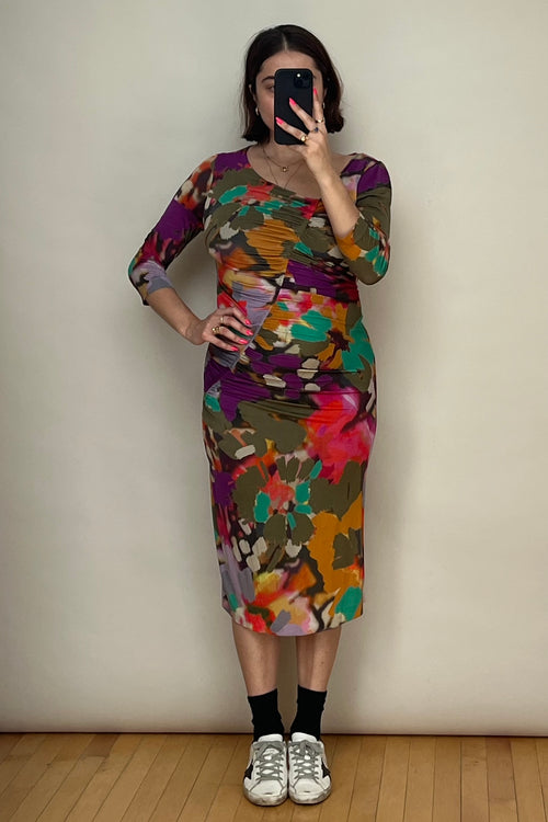 Multicolour Abstrast Printed Ruched Midi Dress