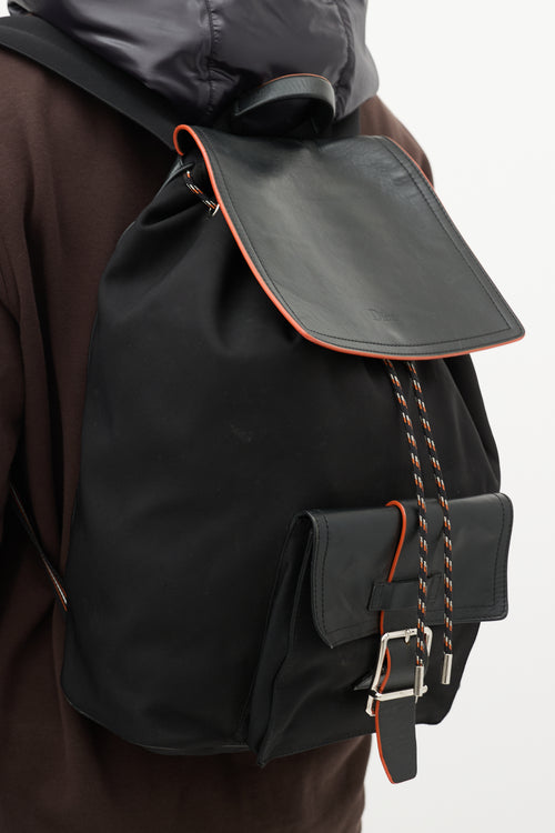 Dior Black Leather 
Canvas Drawstring Backpack