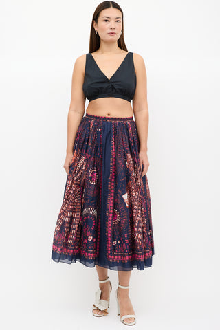 Dior Navy 
Multi Cotton Printed Midi Skirt