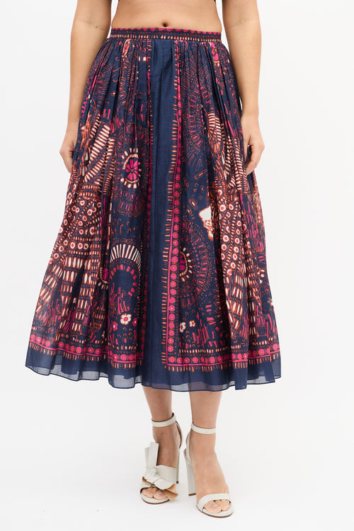 Dior Navy 
Multi Cotton Printed Midi Skirt