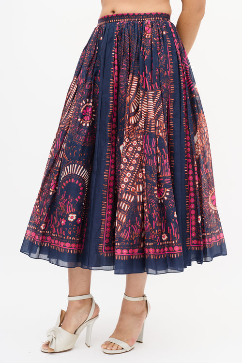 Dior Navy 
Multi Cotton Printed Midi Skirt