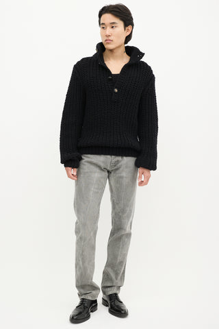 Dolce 
Gabbana Black Wool Knit Quarter Button Up Sweater