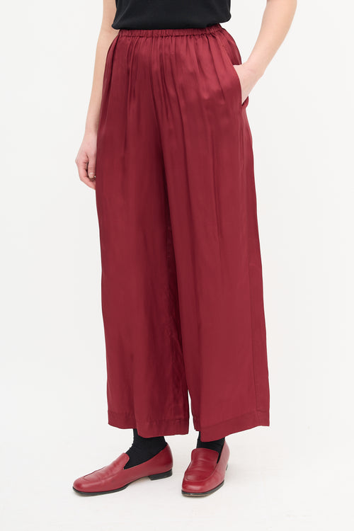 Dries Van Noten Burgundy Satin Wide Leg Pants