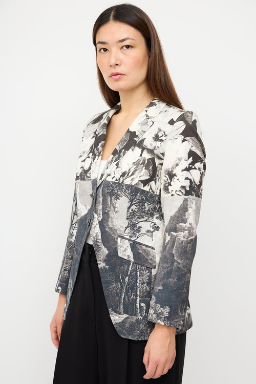 Dries Van Noten Black 
Multi Mixed Print Tailcoat Blazer