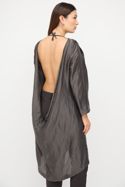 Dries Van Noten Dark Grey Ramie 
Silk Open Back Dress